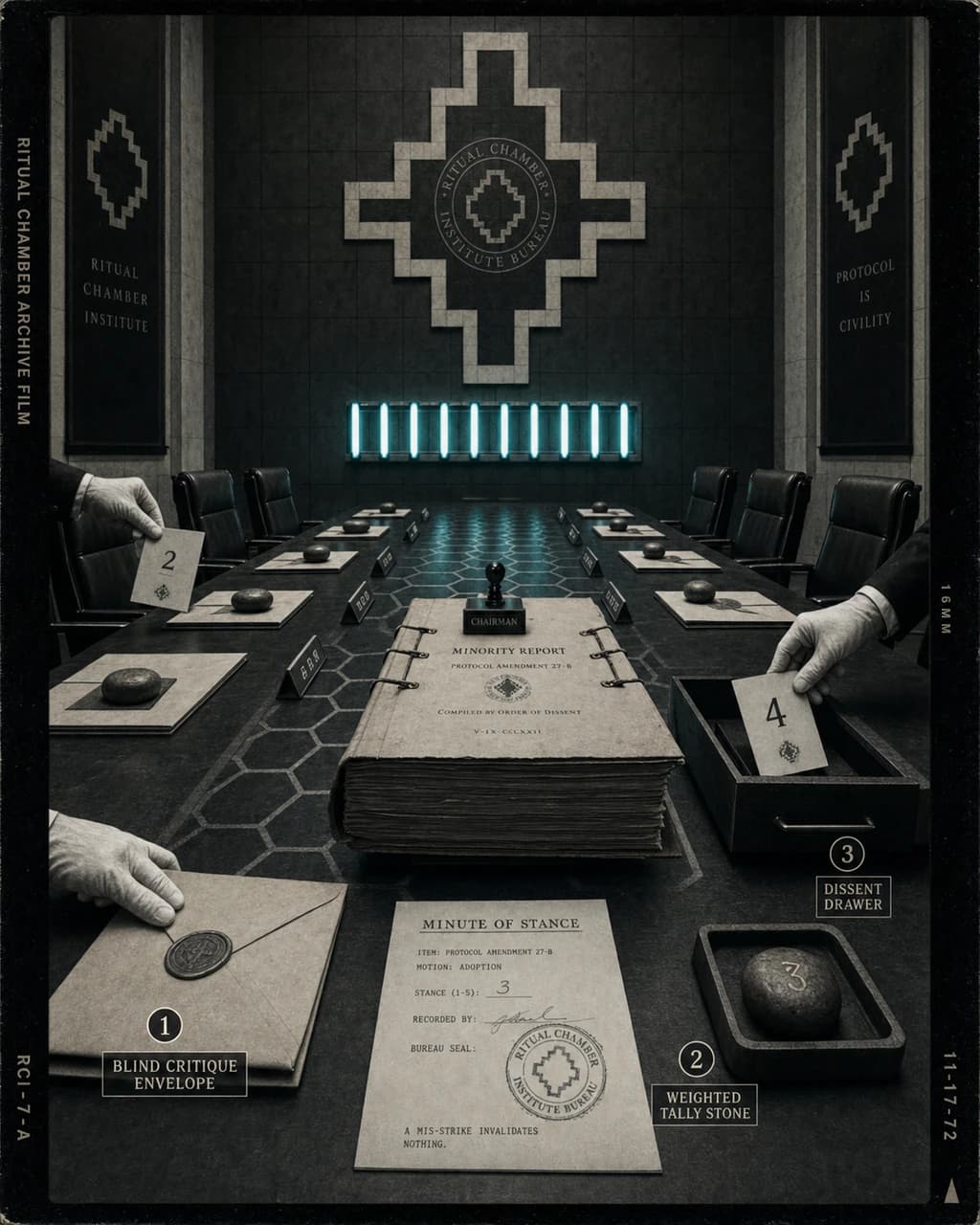 Protocol Chamber / Deliberation Table With Weighted Dissent